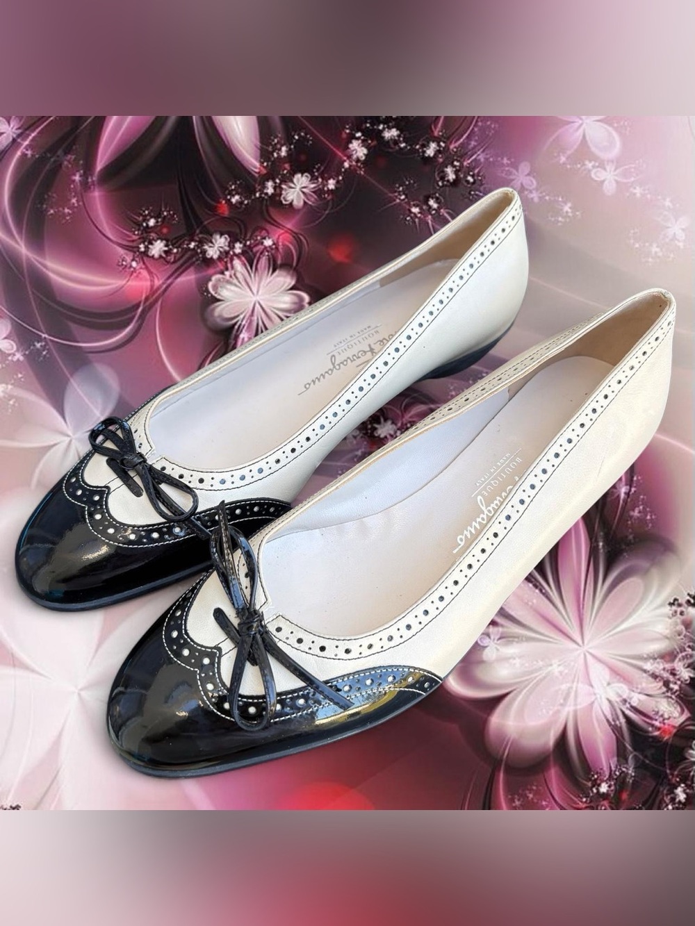 RARE vtg 90s Salvatore Ferragamo leather spectator brogue ballet flats, sz 7.5
